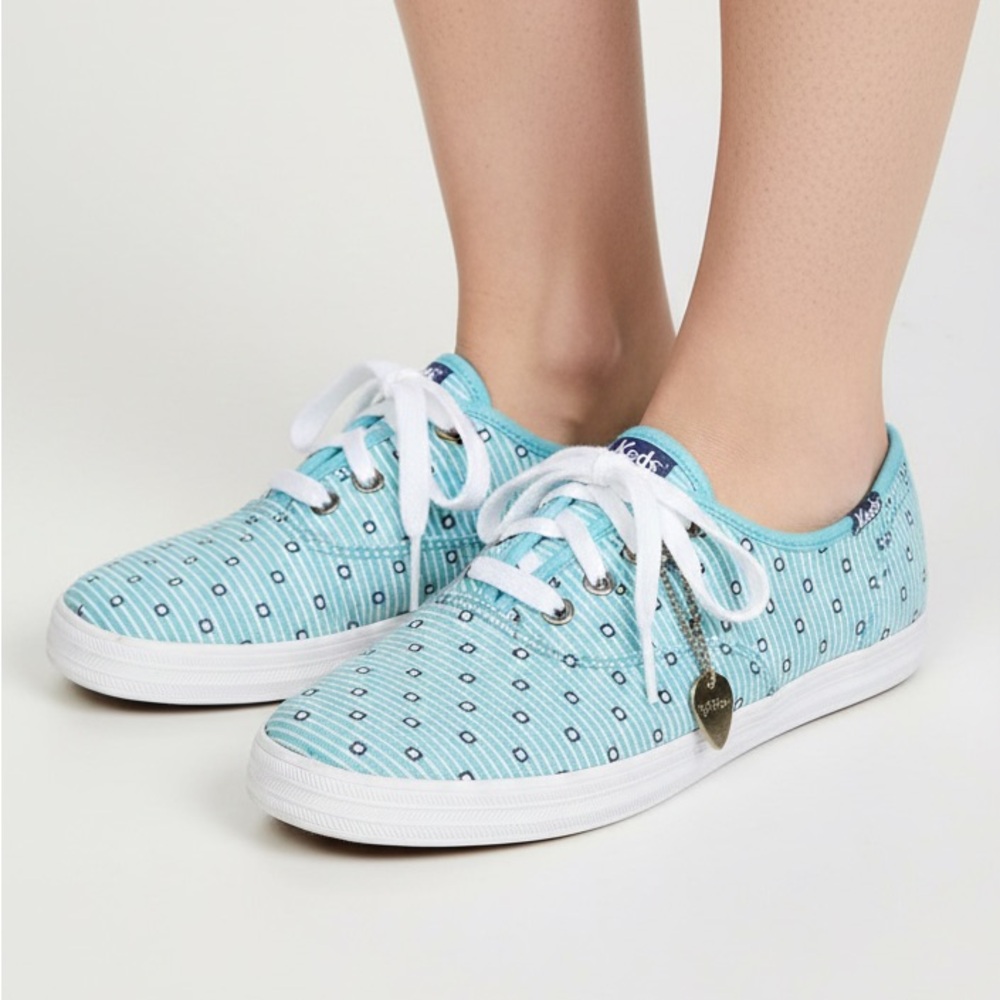 TAYLOR SWIFT x KEDS CHAMPION Lace Up Sneaker Blue Dot Stripe Canvas w/ charm 8.5